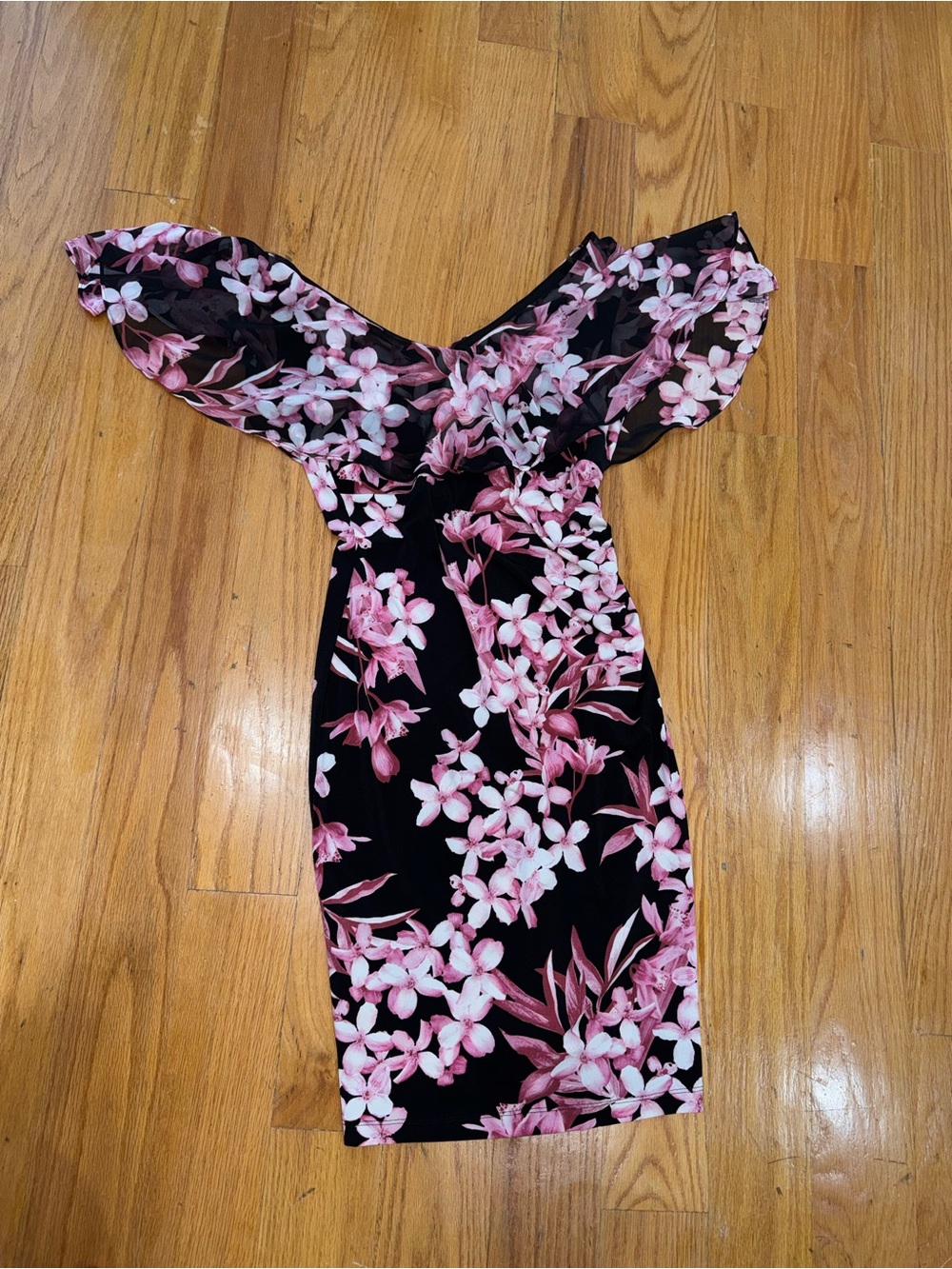 connected apparel Black Mini Dress with Pink Floral Print